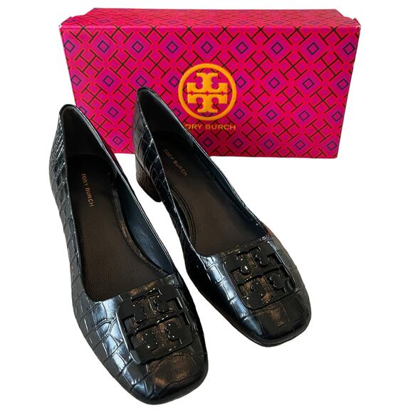 TORY BURCH Women Croc Leather Georgia Pump 25mm Black Size 7.5 New In Box - Picture 2 of 16
